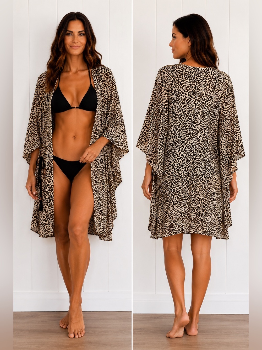 UMGEE Leopard Kimono Duster Boho Beach Resort Swim Chic Cover Up Medium Large